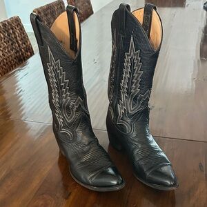 Larry Mahan Men’s Black Western Leather Boots with Tan and Gray Stitching